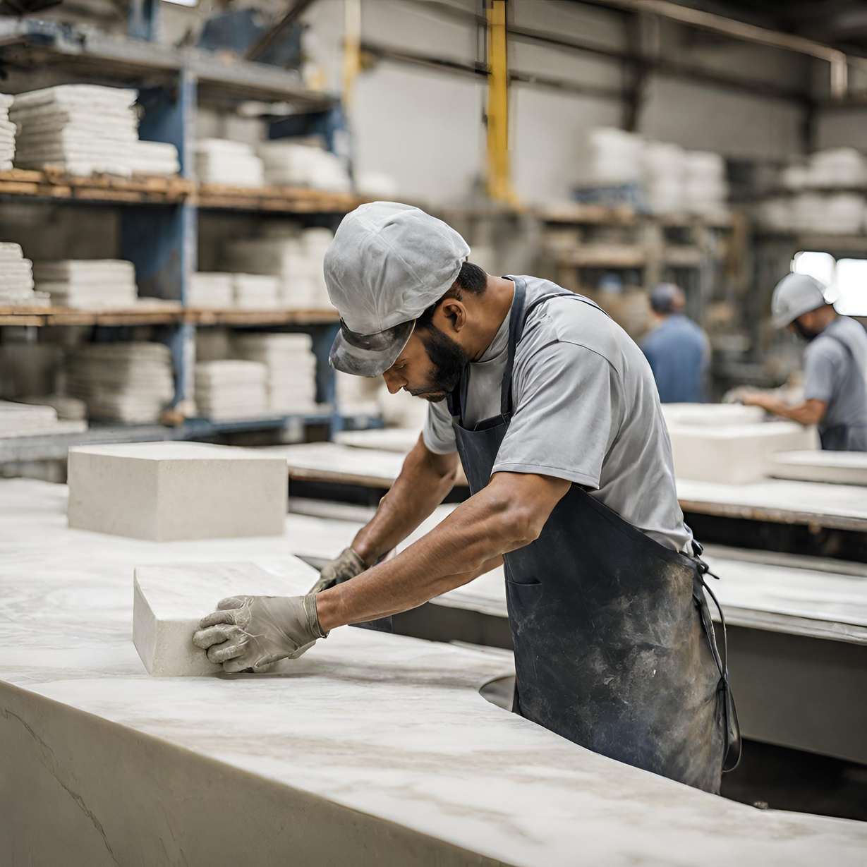 a person in an apron is working on a marble countertop